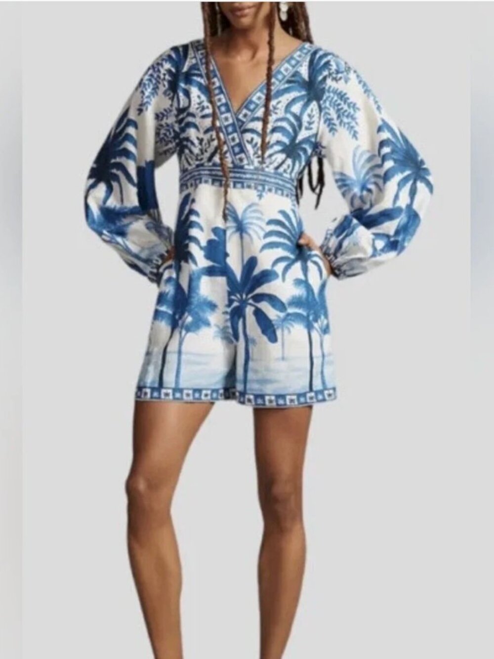 Farm Rio Tropical Print Linen Blend Romper Blue White size M